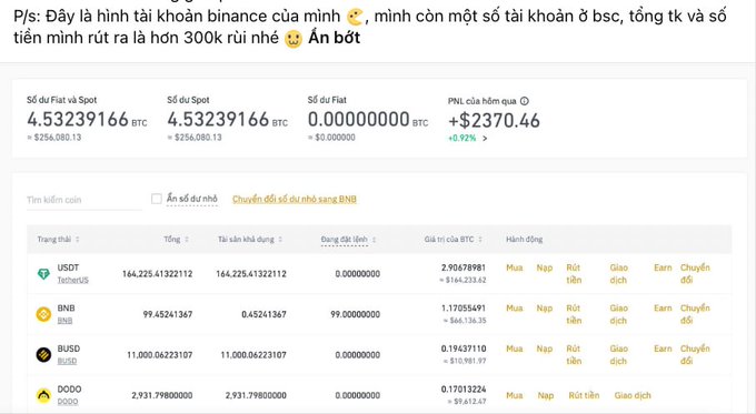 A Binance account dashboard showing balances in Vietnamese, with 4.53239166 BTC in Spot and Futures, a PNL of +$2370.46 (+0.92%), holding USDT, BNB, BUSD, and DODO tokens.