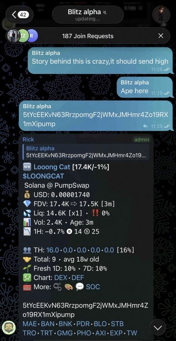 A screenshot of a Telegram chat with 'Blitz alpha' showing messages about 'LOOONGCAT' on Solana @ PumpSwap, with the token listed as new, showing market data including a FDV of 17.4K and Liquidity of 14.6K.