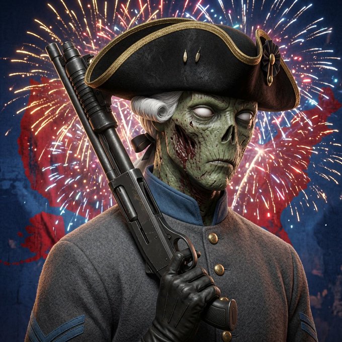 In this image, we see a skeleton soldier dressed in a Continental Army uniform from the American Revolutionary War period, holding a flintlock-style shotgun over its shoulder, set against a dramatic backdrop of an exploding firework that resembles the American flag. The skeleton's presence, combined with the patriotic imagery of the firework and phrase "our founding fathers may be dead and gone but their vision lives on," creates a powerful visual metaphor for the enduring spirit of American independence, blending historical iconography with modern digital artistry to commemorate the 4th of July in creative and thought-provoking ways.