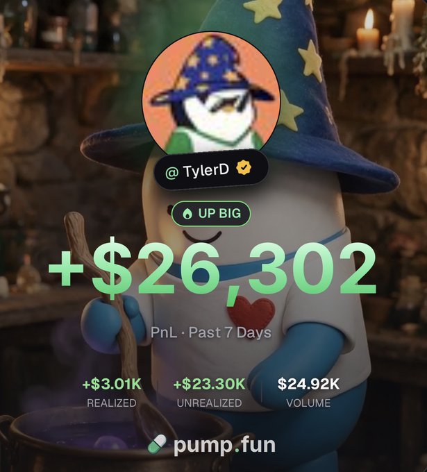 The image is a Pump.fun promotional graphic featuring a wizard character background with the profile "TylerD" displaying impressive stats: +$26,302 PnL over the past 7 days, including $3.01K realized, $23.30K unrealized profit, and $24.92K trading volume. This visually celebrates the post's milestone of growing the account from $25k to $50k in the first week, showcasing the wizard-themed branding Pump.fun uses to highlight top-performing traders.