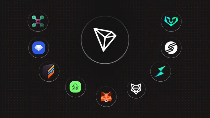 A dark interface displaying various cryptocurrency and tech logos arranged around a central Tron (TRX) emblem, including Polygon, Solana, Ethereum, and MetaMask icons.