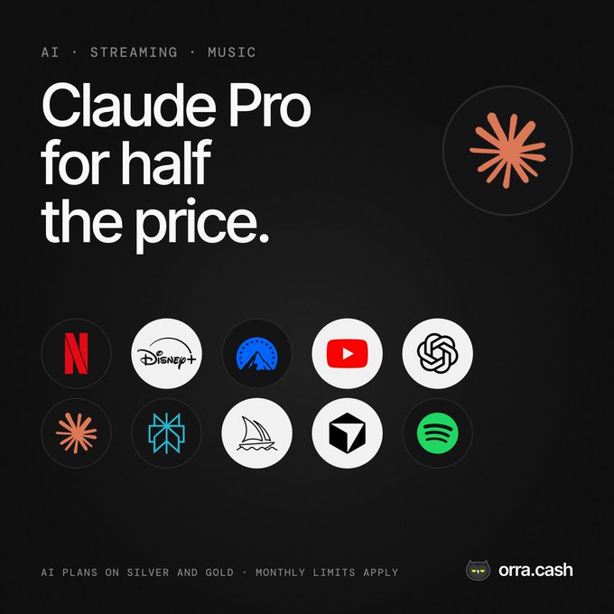 A black promotional graphic for orra.cash advertises "Claude Pro for half the price," tagged under "AI · Streaming · Music." It features the orange Claude AI logo alongside recognizable service icons including Netflix, Disney+, Paramount, YouTube, ChatGPT, Spotify, and others, with a footer noting "AI plans on Silver and Gold · Monthly limits apply," directly supporting the post's message about earning 50% Orra token cashback on streaming, music, and AI subscriptions.
