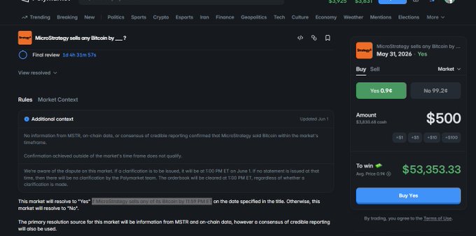 The image shows a screenshot of a website displaying information about a cryptocurrency called Bitcoin, which was sold during the months of May 26 and May 31 by MicroStrategy, a company that uses Bitcoin for its transactions. The website also mentions that there is an additional transaction taking place with $500, and it has a Buy button on the right side to complete the purchase if desired.

The image focuses on the Bitcoin market during these months and how it relates to the post about selling Bitcoins by MicroStrategy. This suggests that the image captures a specific moment of interest in cryptocurrency trading activities and could be relevant for discussing the topic with others.