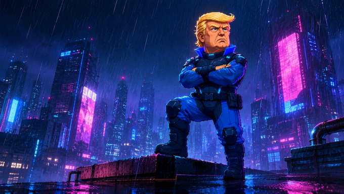 The image depicts a meme-style rendering of Donald Trump as a blue-suited action hero standing triumphantly on a rooftop in a neon-lit, rainy cyberpunk cityscape. The accompanying post features a Solana memecoin contract address ("6hosezP1x4Ng4zgYZtDFx58e6VBnFmnQ4ojyX32wpump"), which is a typical "trump coin" or political memecoin, and the heroic Trump imagery serves as a promotional visual for the token.