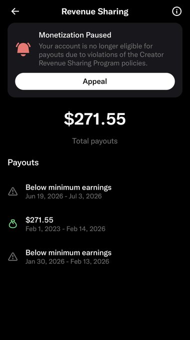 A mobile app screenshot shows a 'Revenue Sharing' page with 'Monetization Paused' due to Creator Revenue Sharing Program violations, displaying a total payout of $271.55.