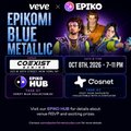 A promotional poster for 'veve x EPIKO' featuring 'EPIKO BLUE METALLIC' and 'COEXIST' with event details 'OCT 8TH, 2025 - 7-9 PM' and platforms 'Kibo' and 'Osanet'.