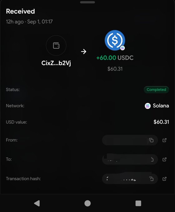A screenshot of a completed transaction showing a receipt of +60.00 USDC on the Solana network.