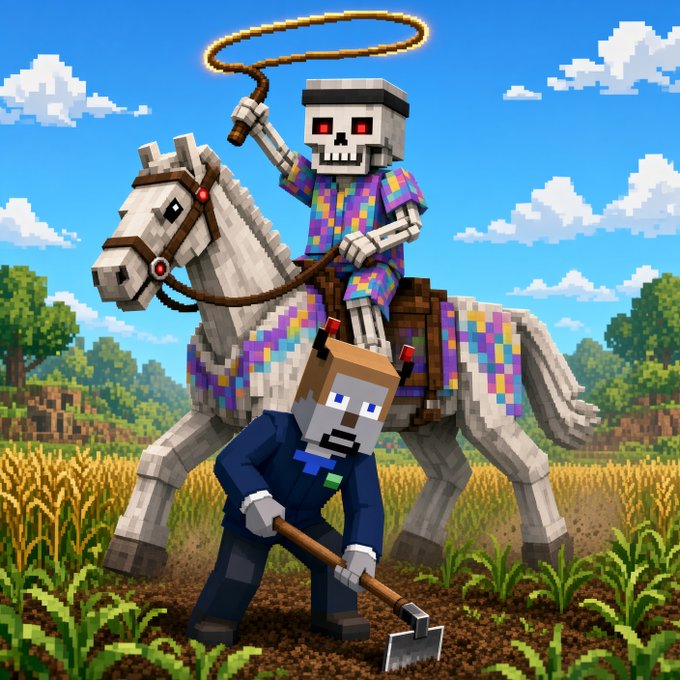 A pixel-art scene shows a farmer digging in a field while a skeleton cowboy in a multicolored outfit rides a matching horse and swings a lasso overhead. The post references “FUD,” “@StackersXYZ,” “Stonkbrokers,” and “5E,” framing the skeleton’s chaotic pursuit as karma against critics of the Stackers group.