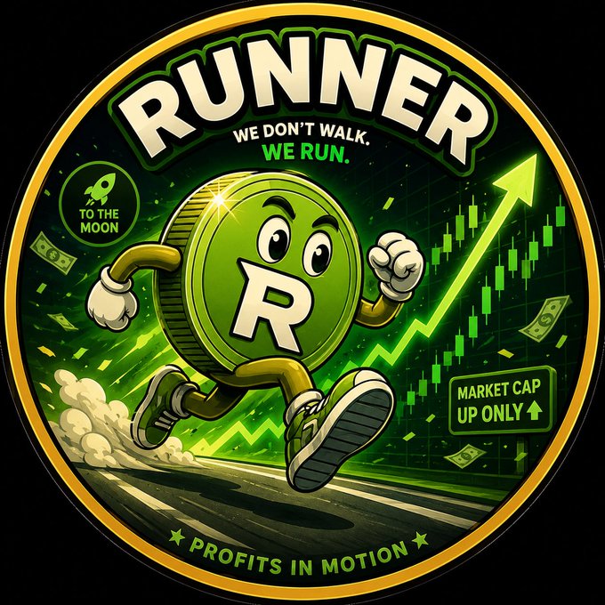 A circular cartoon badge features an anthropomorphized green coin marked with "R" running energetically uphill, surrounded by rising candlestick charts and dollar bills, with bold text reading "RUNNER — WE DON'T WALK, WE RUN," "TO THE MOON," "MARKET CAP UP ONLY," and "PROFITS IN MOTION." The image visually embodies the post's announcement of $RUNNER launching on Pumpfun, symbolizing the token's upward momentum and the hyped "to the moon" rally narrative.