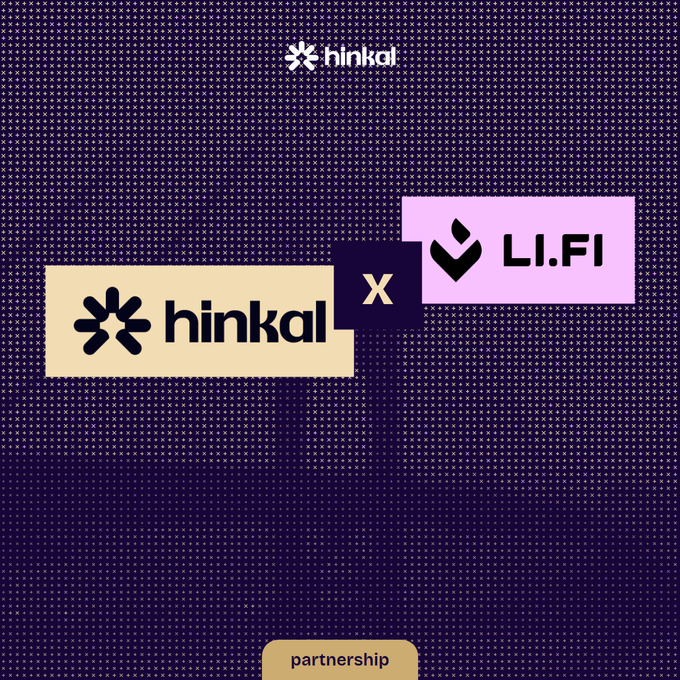 A graphic with a dark dotted background displaying the 'hinkal' and 'LI.FI' logos side-by-side separated by an 'x' symbol, with 'partnership' labeled in a yellow box at the bottom.
