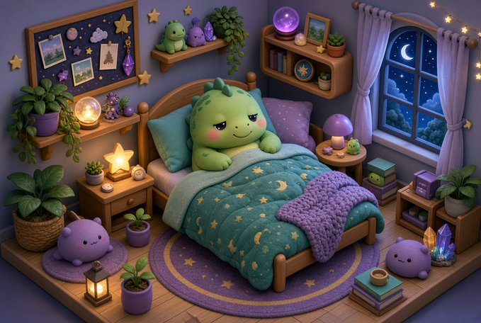 A 3D-rendered cozy bedroom scene featuring a cute green dinosaur plush sitting in a bed with star-patterned bedding, surrounded by purple decor, plants, crystals, and a window showing a night sky with a crescent moon.