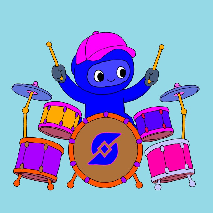 A colorful cartoon illustration of a blue character wearing a pink cap, joyfully playing a vibrant drum set with a stylized 'S' logo on the bass drum.
