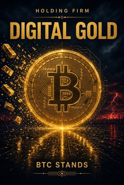 A promotional graphic displays a golden Bitcoin coin with the text "HOLDING FIRM," "DIGITAL GOLD," and "BTC STANDS" against a dark, dramatic background.