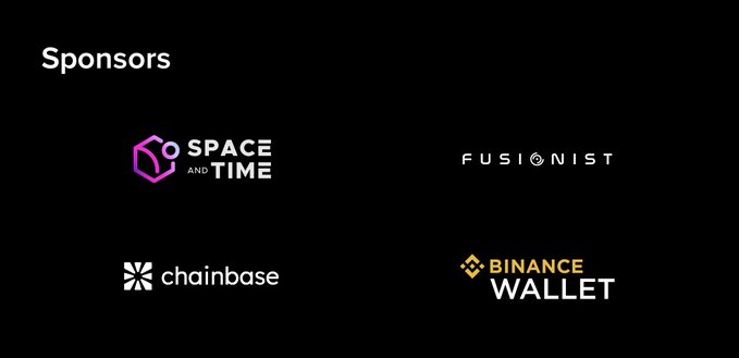 The image features a black background with four logos displayed side by side. The logos include "Space & Time", "Fusionist", "Binance Wallet", and "Chainsafe". Each logo has its own color, making them stand out against the black background. The text at the bottom of the image reads: "Sponsors".