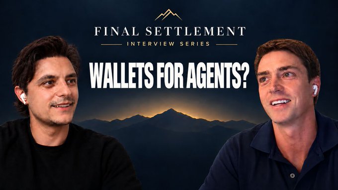 A thumbnail for the "FINAL SETTLEMENT INTERVIEW SERIES" titled "WALLETS FOR AGENTS?" featuring two men, one with dark hair and the other with lighter hair, wearing earbuds against a mountainous backdrop.