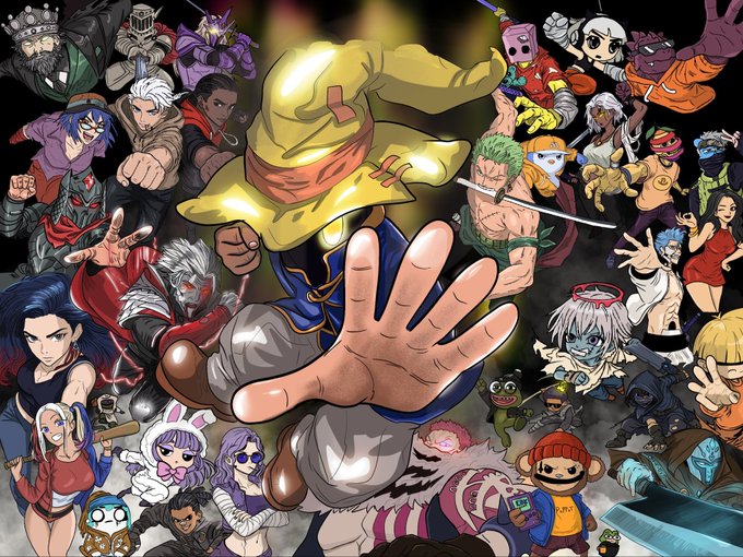 Colorful anime-style illustration featuring a large golden hand reaching forward, surrounded by numerous diverse characters in dynamic poses against a dark backdrop.