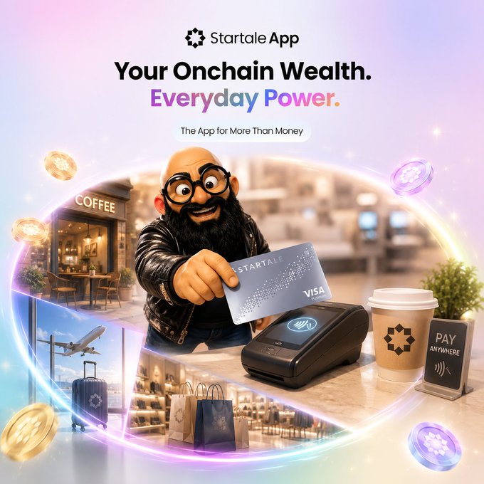 A promotional graphic for the 'Startale App' advertises 'Your Onchain Wealth. Everyday Power.' featuring a cartoon man holding a VISA 'STARTALE' card, with imagery of crypto coins, a coffee shop, a payment terminal, and a 'PAY ANYWHERE' sign.