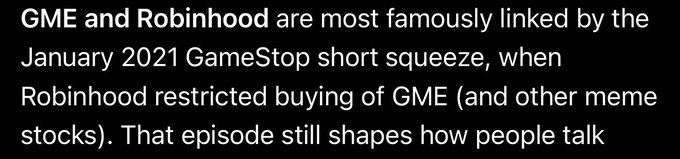 The image displays white text on a black background stating: "GME and Robinhood are most famously linked by the January 2021 GameStop short squeeze, when Robinhood restricted buying of GME (and other meme stocks). That episode still shapes how people talk."

The caption underscores the lasting connection between $GME and Robinhood following the January 2021 short squeeze, setting the stage for the post's prediction that the next stock to reach a $50M+ market cap will likely be featured on Robinhood.