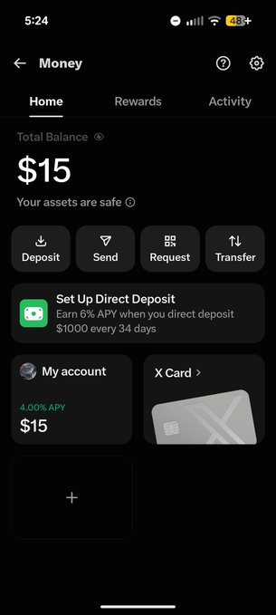 A mobile app screen showing a 'Money' page with a Total Balance of $15, action buttons (Deposit, Send, Request, Transfer), a 'Set Up Direct Deposit' offer for 6% APY, and 'My account' and 'X Card' sections, with a status bar showing 5:24 and 48% battery.