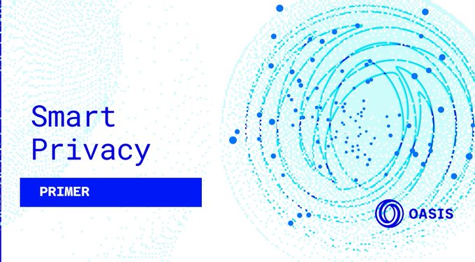 The image features a white background with blue text that reads "Smart Privacy" at the top of the page. Below this, there are two circles filled with dots, one larger than the other, creating an abstract pattern. The text "Primer" is written in smaller font size below these circles and says "OasisProtocol". This suggests that the image might be related to a smart contract or data management system on the Ethereum blockchain, where users can control how much of their data is exposed without revealing it directly on-chain.