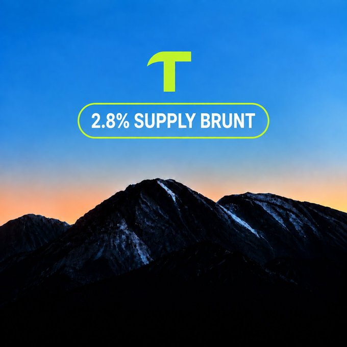 A graphic shows a yellow 'T' logo with '2.8% SUPPLY BRUNT' text overlaid on a photograph of a dark mountain range at twilight.