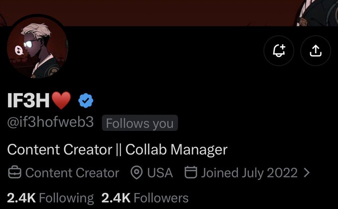 A social media profile screenshot for "IF3H ❤️" (@if3hofweb3), displaying a verified Content Creator and Collab Manager based in the USA with 2.4K followers and 2.4K following, joined July 2022. The image serves as visual evidence supporting the post's accusation that the user is falsely posing as a legitimate collaboration manager, as the account's modest following is inconsistent with a professional role handling numerous collabs.