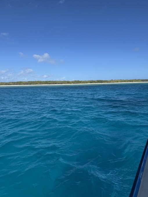 A scenic view from a boat showing bright turquoise ocean water under a clear blue sky, with a tree-lined coastline visible on the horizon.