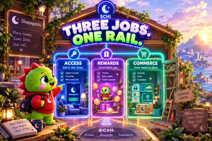 A vibrant promotional banner for Sleepagotchi featuring a cartoon green dinosaur mascot, advertising 'THREE JOBS. ONE RAIL.' with sections for ACCESS, REWARDS, and COMMERCE, set against a scenic coastal backdrop with 'More rooms. Same Dino. One rail.' text.
