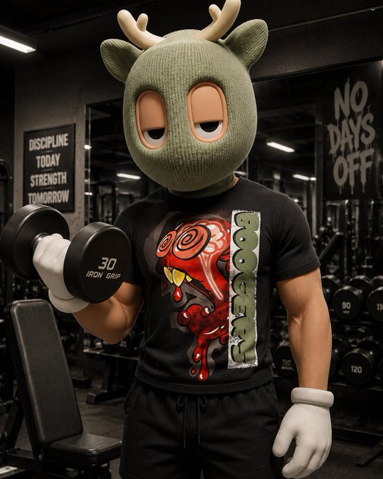 A person wearing a green deer-antler mask and white gloves lifts a dumbbell in a gym, wearing a black t-shirt with a graphic design; signs in the background read 'DISCIPLINE TODAY STRENGTH TOMORROW' and 'NO DAYS OFF'.