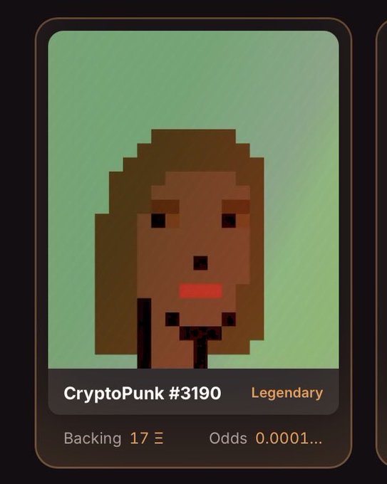 A digital collectible card showing CryptoPunk #3190, labeled 'Legendary' with 'Backing 17' and 'Odds 0.0001...' displayed below the pixel art character.