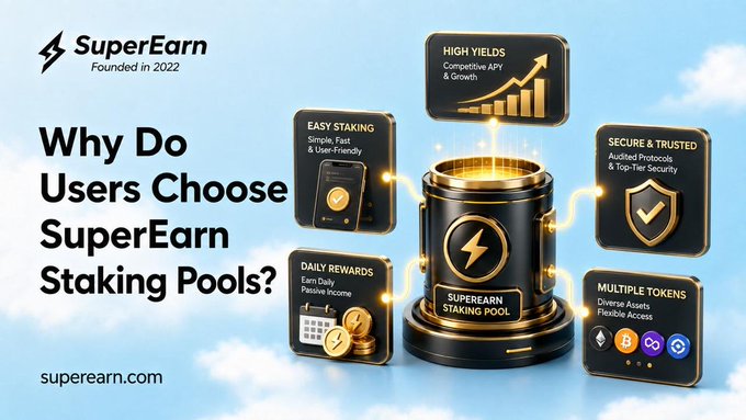 The image features an advertisement for Super Earn Staking Pools, which is a cryptocurrency wallet that allows users to earn rewards by staking their digital assets. The image includes various symbols related to the crypto world, such as Bitcoin and Ethereum, along with text explaining why users choose this particular staking platform over others.