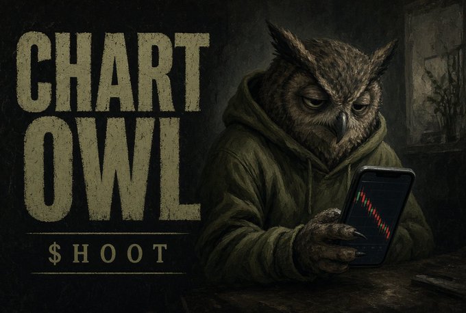 A stylized illustration of an owl wearing a green hoodie, holding a smartphone displaying a red stock chart, with the text 'CHART OWL' and '$HOOT' on the left.
