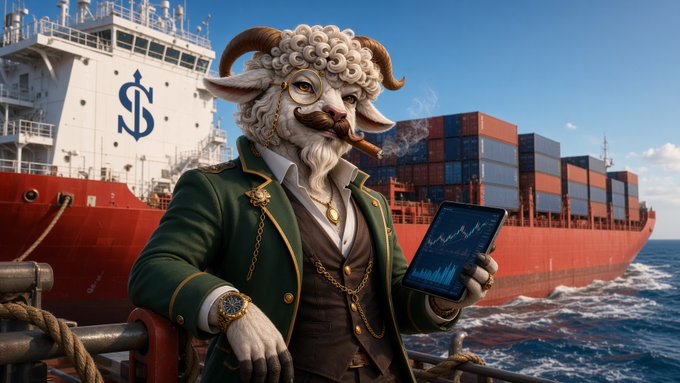 An anthropomorphic sheep ship captain holds a tablet showing financial charts aboard a red container vessel, with a large “S” logo on the ship’s superstructure. The image visualizes the post’s discussion of EthraShip preparing to tokenize a cargo vessel already in operation through an RWA offering, with no pitch-deck ship.