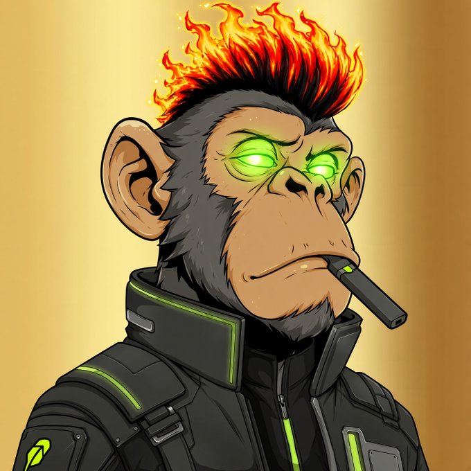 A stylized digital illustration of a cyberpunk monkey character with fiery red/orange mohawk hair, glowing green eyes, and a cigarette, wearing a black tactical outfit.