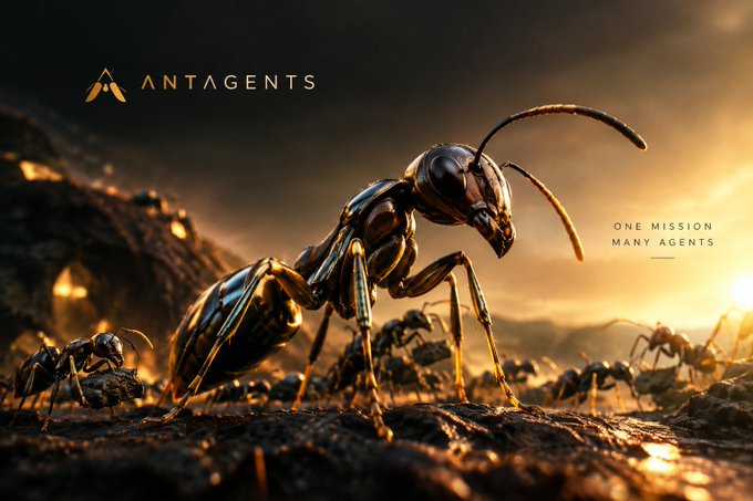 A digital artwork titled 'ANTAGENTS' showing large ants in a cinematic landscape with the tagline 'ONE MISSION MANY AGENTS'.