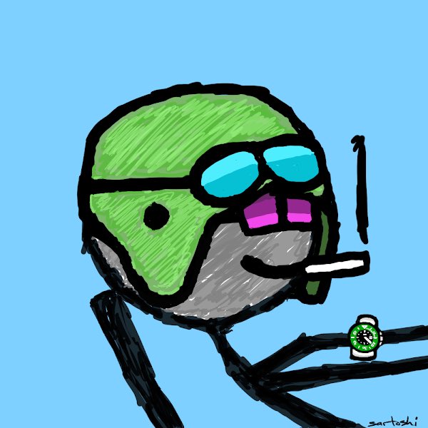 Digital drawing of a green-skinned cartoon character wearing blue sunglasses, smoking a cigarette, and wearing a watch, signed 'sartoshi' in the corner.