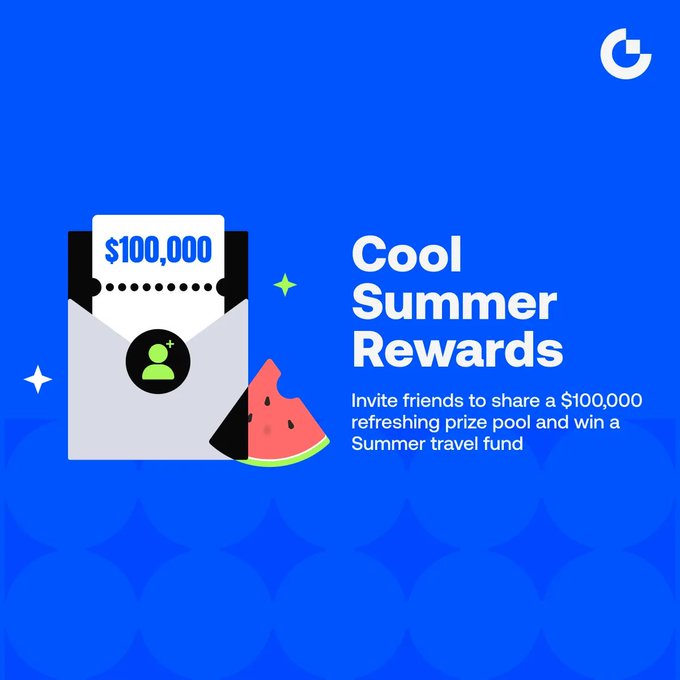 The image features an envelope with a $100,000 reward inside of a black lid secured with a green sticker. A slice of watermelon is placed next to the envelope on the right side, which suggests that someone has sent this envelope as part of a summer rewards program. The background shows blue hues and is decorated with small circles and stars, indicating that it's an advertisement or promotional material for a summer rewards offer. This post encourages people to join in by inviting their friends and sharing $100,000 worth of refreshing prizes pool rules with them.