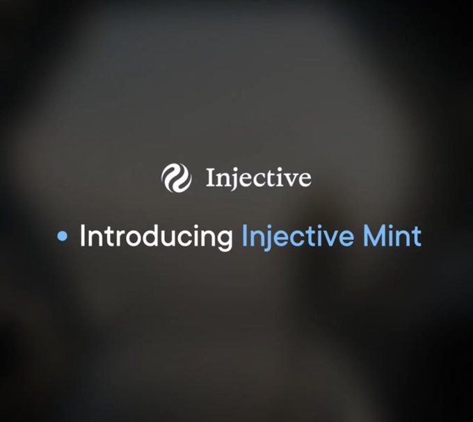 The image displays a dark slide with the Injective logo and the text "• Introducing Injective Mint," announcing the platform's tokenization service that allows users to launch tokenized assets quickly within one integrated system.