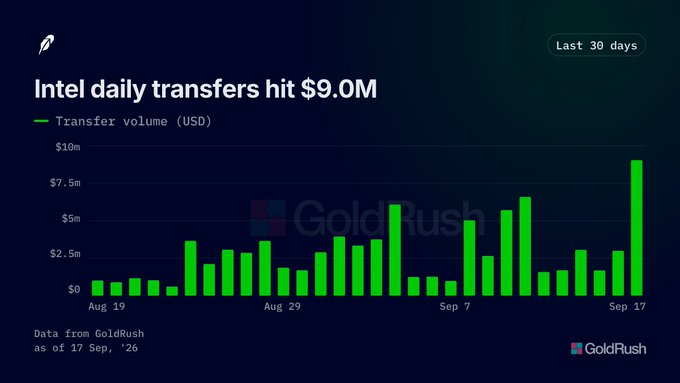 A bar chart titled 'Intel daily transfers hit $9.0M' showing transfer volume in USD over the last 30 days (Aug 19 to Sep 17), sourced from GoldRush.