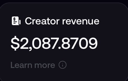A dark-themed dashboard card displays "Creator revenue" with a total of "$2,087.8709" alongside a "Learn more" link, matching the creator's claim of making approximately $2k in a single day on the @fomo platform.