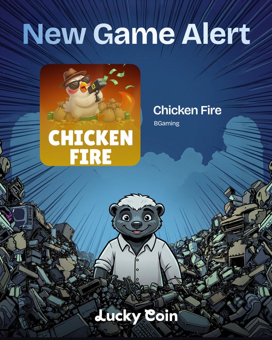 A promotional graphic titled 'New Game Alert' for 'Chicken Fire' by BGaming, featuring a cartoon chicken character and a badger mascot standing in a pile of electronic waste.