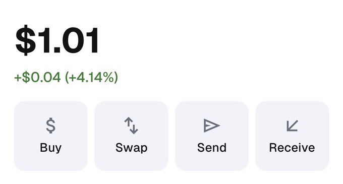 A cryptocurrency wallet interface showing a balance of $1.01, up +$0.04 (+4.14%), with Buy, Swap, Send, and Receive options.