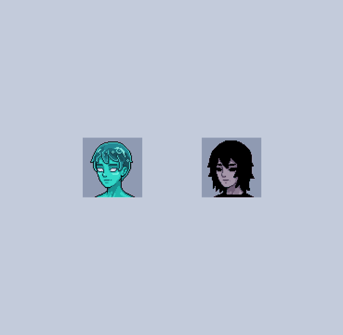 Two pixel art portraits of anime-style characters side by side on a gray background; the left character has blue hair with horns, and the right character has dark hair.