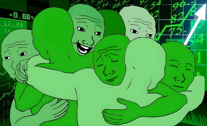 A digital illustration of multiple green 'Wojak' style meme characters embracing, set against a background of green stock market charts with an upward arrow.