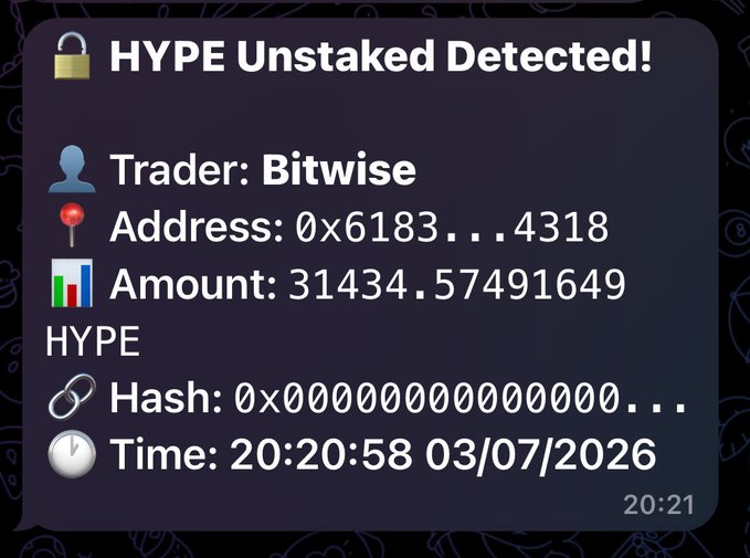 A notification alert shows "HYPE Unstaked Detected!" from trader Bitwise (address 0x6183...4318), with an amount of 31,434.57491649 HYPE unstaked at 20:20:58 on 03/07/2026. The alert visually confirms the post's claim that Bitwise's HYPE ETF received 31,434 HYPE from an unstaking event, with the transaction hash and address visible for verification.