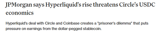 JPMorgan analysts warn that Hyperliquid's partnership with Circle and Coinbase pressures USDC economics, cutting into stablecoin earnings as Coinbase routes 90% of USDC reserve yields on the platform to Hyperliquid.