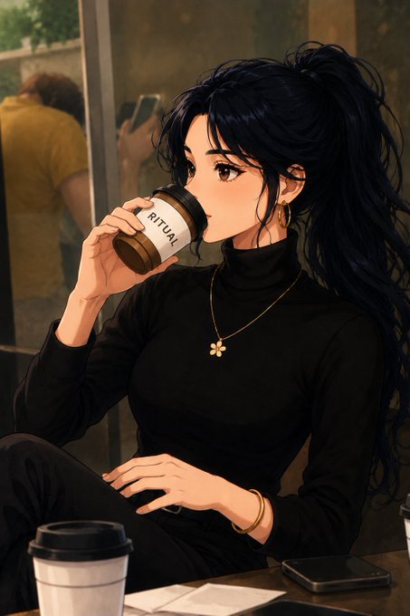 An anime-style illustration of a black-haired woman in a black turtleneck drinking from a coffee cup labeled 'RITUAL' while sitting at a cafe.