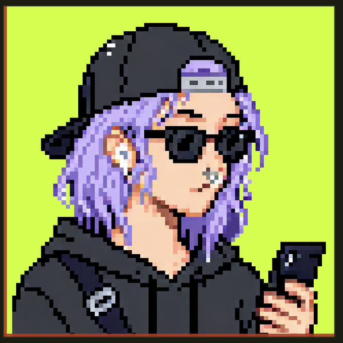 A pixel art illustration shows a character with purple hair, wearing a black backwards cap and dark sunglasses, dressed in a black hoodie and holding a smartphone, set against a bright yellow-green background.