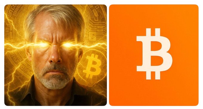 **Bitcoin:** Two digital graphics shown side-by-side: a man with glowing yellow eyes surrounded by lightning and Bitcoin symbols, and the classic orange Bitcoin logo.