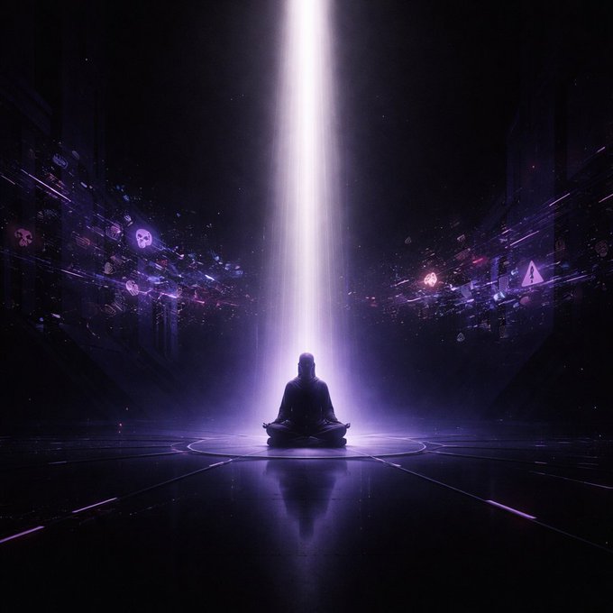 A dark sci-fi digital artwork showing a silhouetted figure meditating in a lotus position beneath a bright purple light beam, surrounded by floating crypto symbols and futuristic elements.